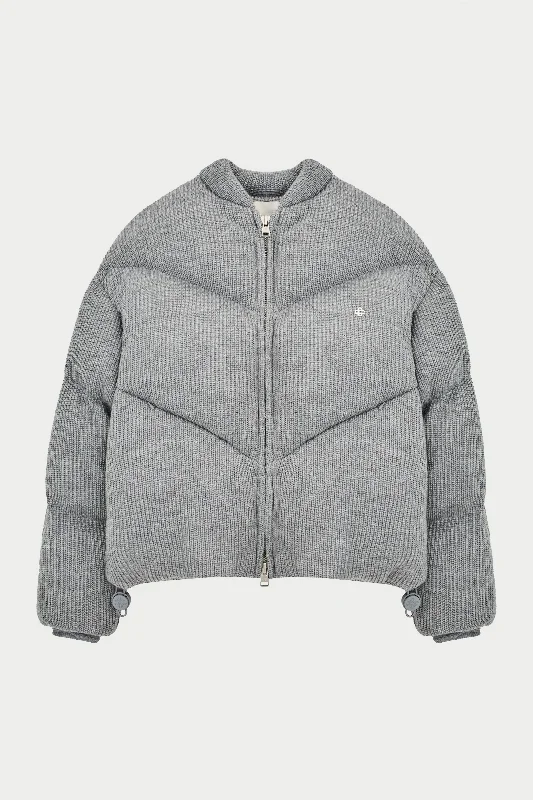 KNITTED CHEVRON PANELLED PUFFER COAT - GREY MARL