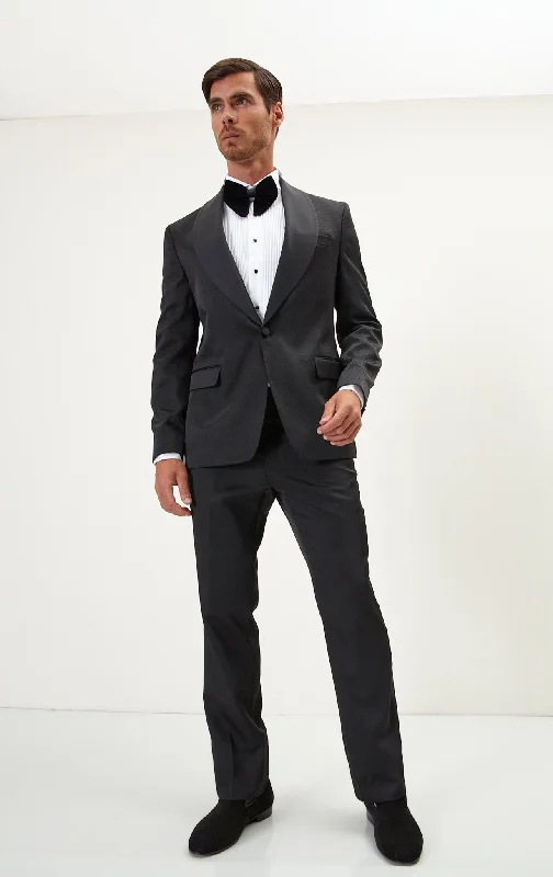 Twill Weave Shawl Lapel Tuxedo Jacket - Jet Black