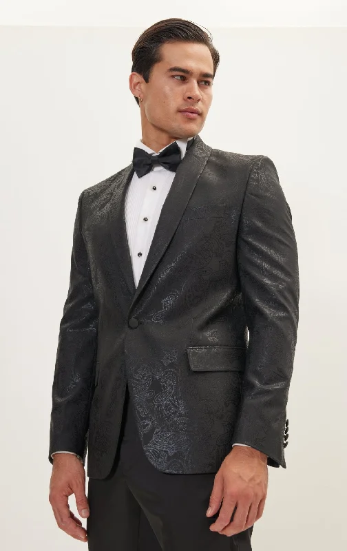 Metalic Paisley Shawl Tuxedo Jacket - Black