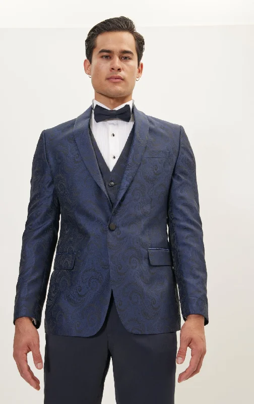 Paisley High Peak Lapel Tuxedo Jacket - Navy