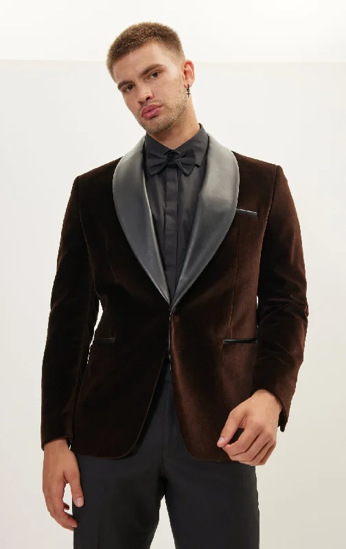 Italian Velvet Leather Shawl Lapel Tuxedo Jacket - Brown