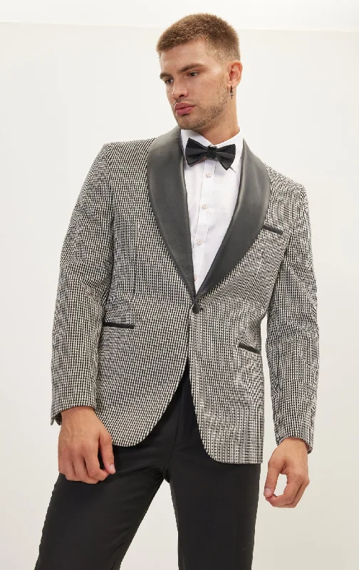 Italian Velvet Leather Shawl Lapel Tuxedo Jacket - Houndstooth