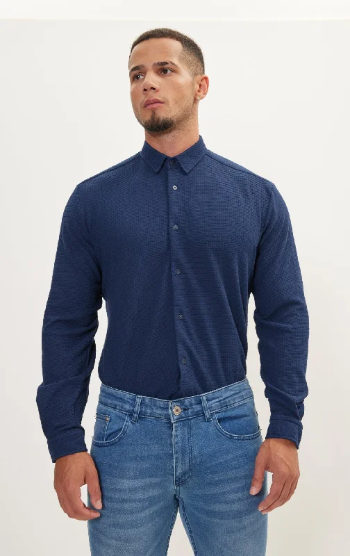 Pure Cotton Knit Travel Shirt - Waffle Jacquard Navy