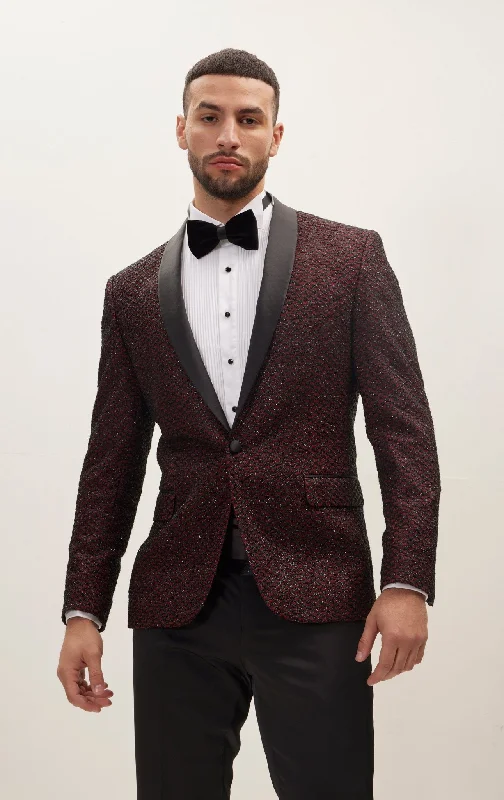 Checkered Lace Weave Shawl Lapel Tuxedo Jacket -  Burgundy Tuxedo