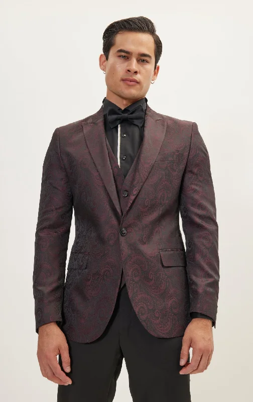 Paisley Peak Lapel Tuxedo Jacket - Burgundy