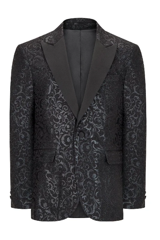 Floral Glitter Peak Lapel Tuxedo - Black