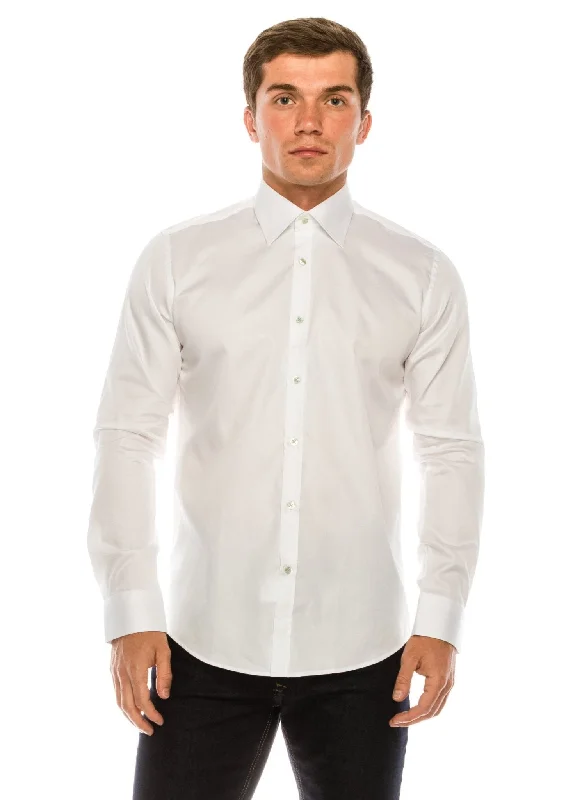 Pure Cotton Contrast Button Dress Shirt - White Green Accents