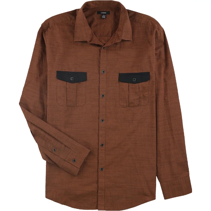 Alfani Mens Warren Contrast Button Up Shirt, Brown, 3XL