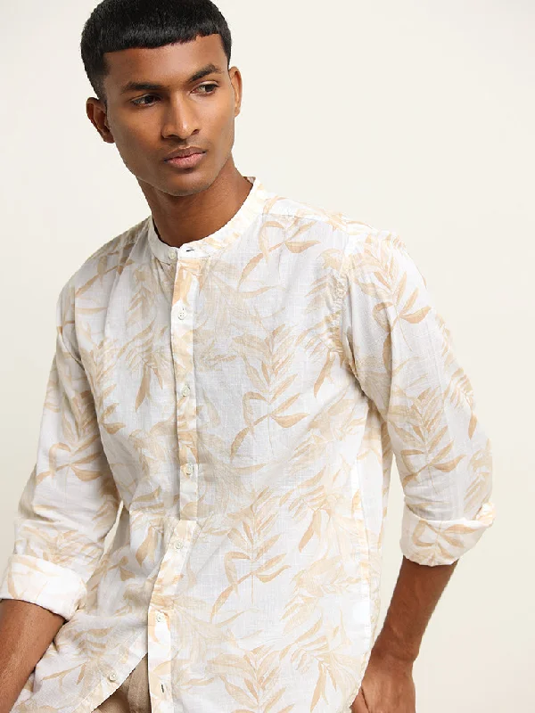 ETA Beige Printed Grandad Cotton Resort Fit Shirt