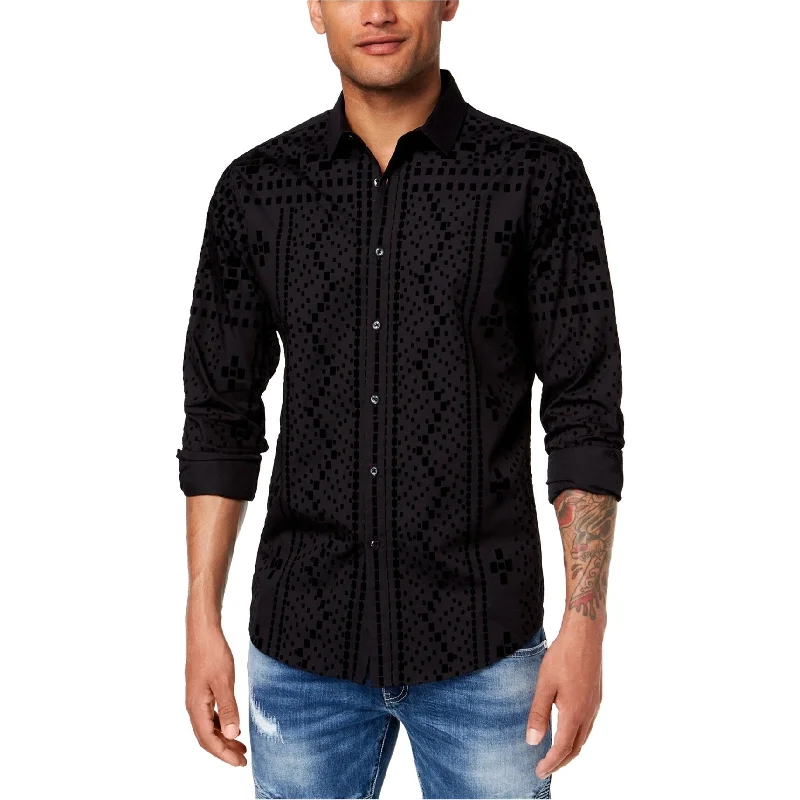 I-N-C Mens Flocked Pattern Button Up Shirt, Black, Small