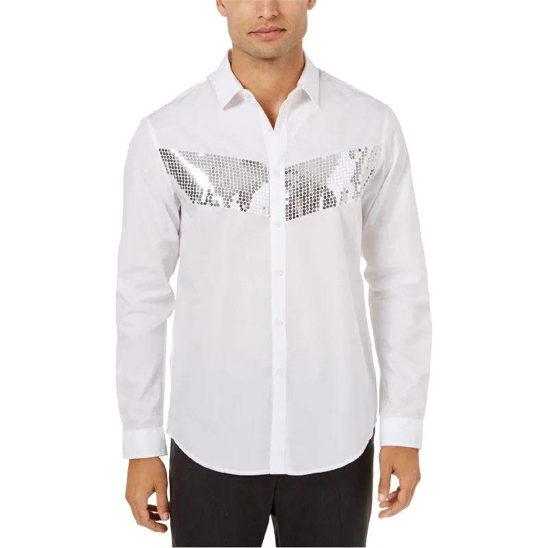 I-N-C Mens Sequins Chest Button Up Shirt, White, X-Large