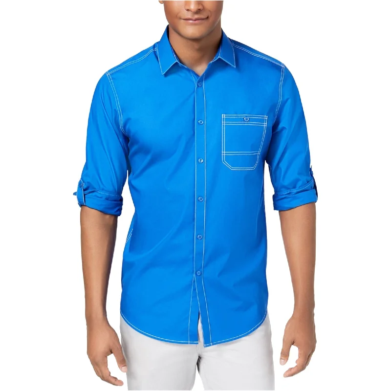 I-N-C Mens Top-Stitch Button Up Shirt, Blue, 3XL