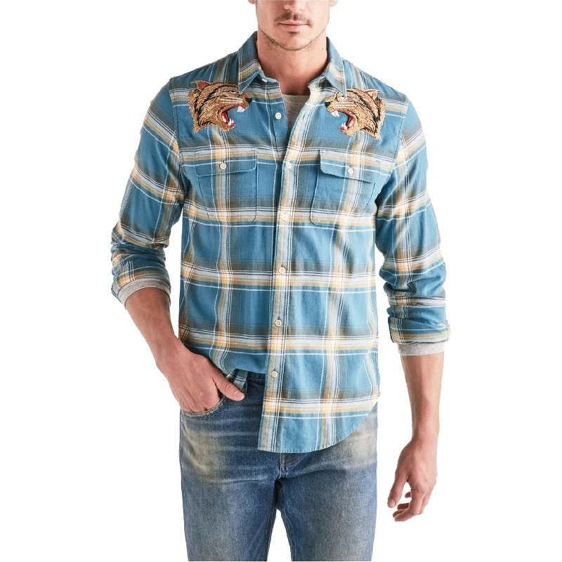 Lucky Brand Mens Tiger Plaid Button Up Shirt, Blue, Small