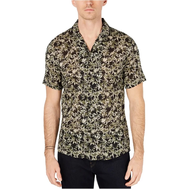 Michael Kors Mens Leaf Print Button Up Shirt, Black, X-Large