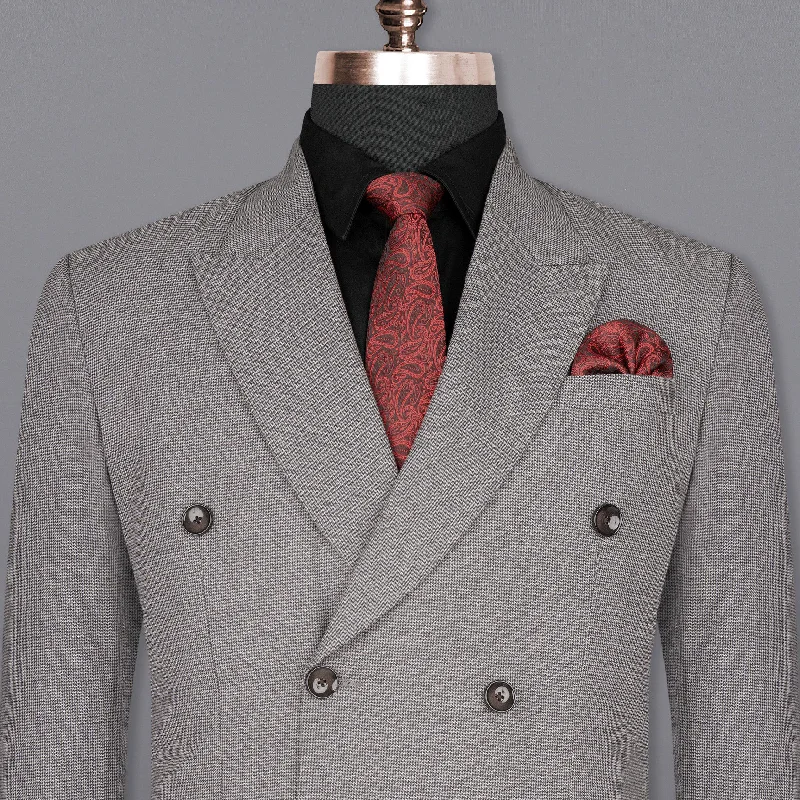 Mountain Mist Gray Houndstooth Wool Rich Double Breasted Blazer