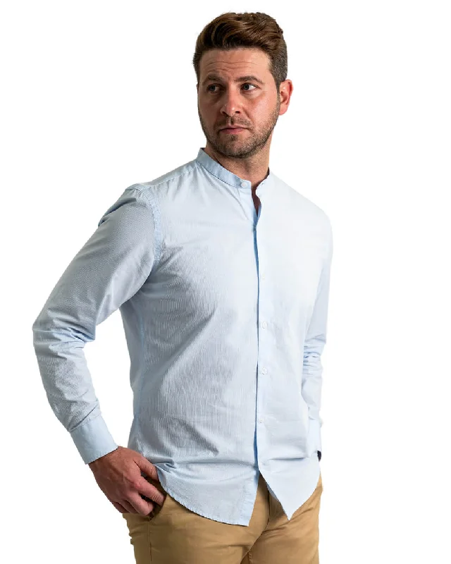 Sky Cotton Hairline Stripe Grandad Collar Shirt