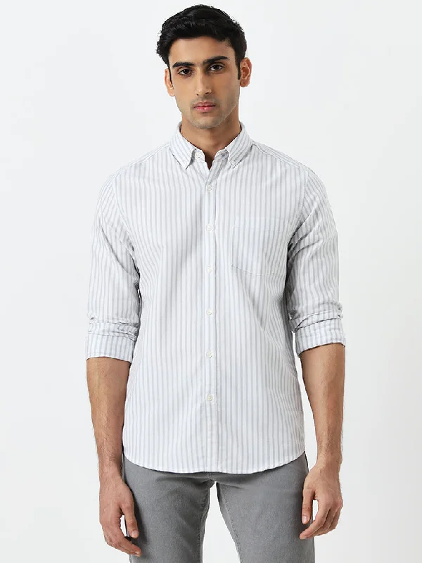 WES Casuals Light Grey Striped Slim-Fit Cotton Shirt