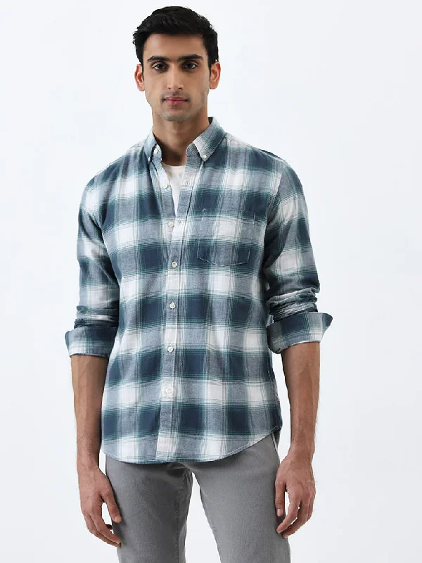 WES Casuals Teal Checkered Slim-Fit Cotton Shirt