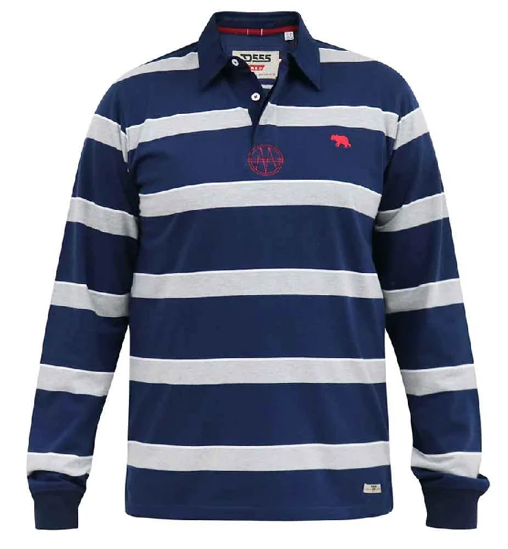 D555 Men's MARSHALL-Long Sleeve Rugby Style Striped Polo Shirt in Navy/White/Grey Stripe, 3XL to 6XL