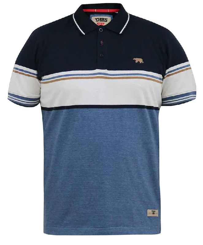 D555 Men's OFFLEY-Stripe Jersey Polo With Ribbed Cuffs & Jacquard Collar in Navy/ Denim marl, 3XL to 6XL