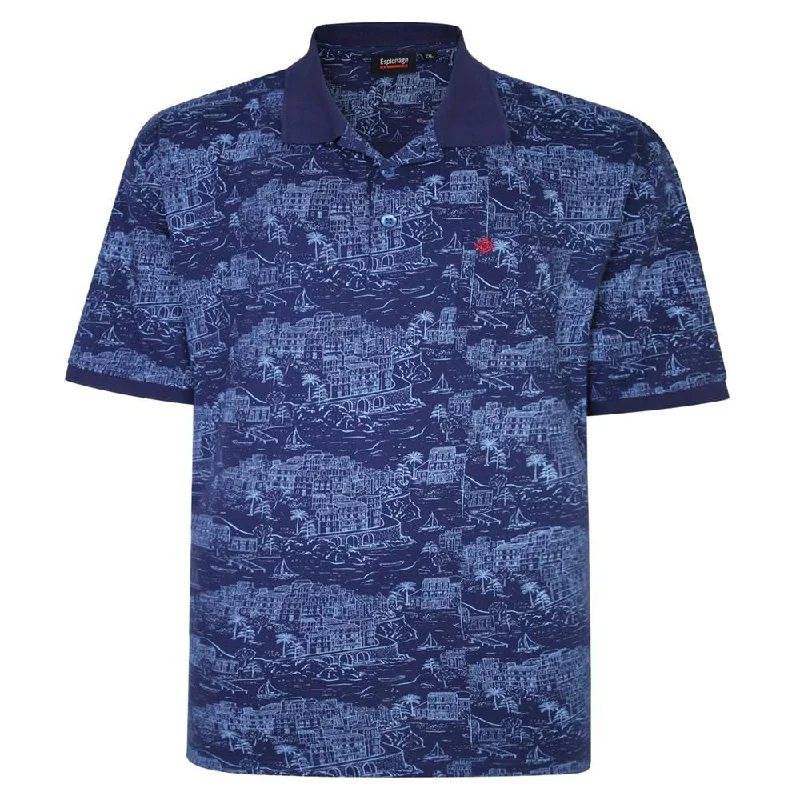 Espionage Men's Plus Size Premium Cotton Single Jersey Riviera Print Polo With Chest Pocket (P184) XXL-8XL, French Navy