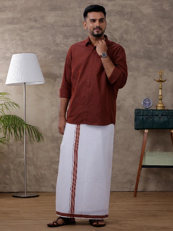 Men Brown Matching Border Dhoti & Full Sleeves Shirt Set Evolution IC7