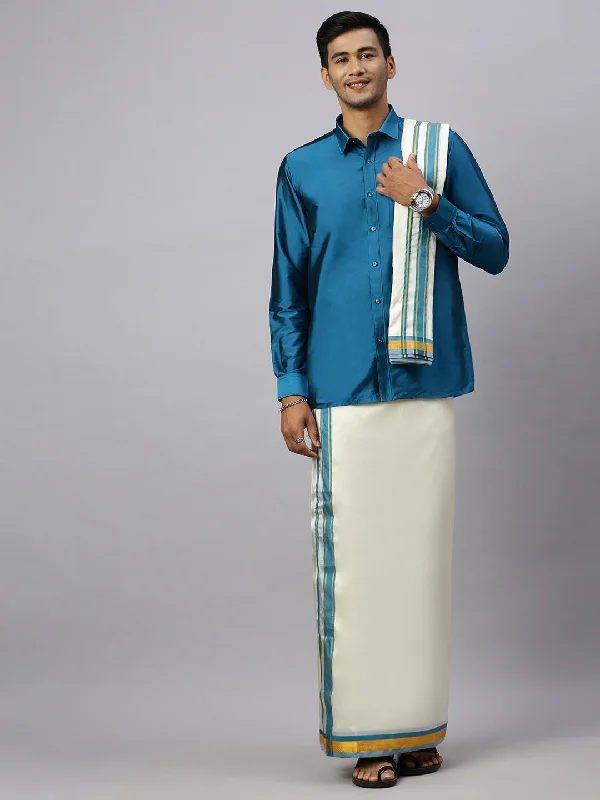 Men Full Sleeves Ramar Blue Shirt with Matching Border Cream Dhoti & Towel Set