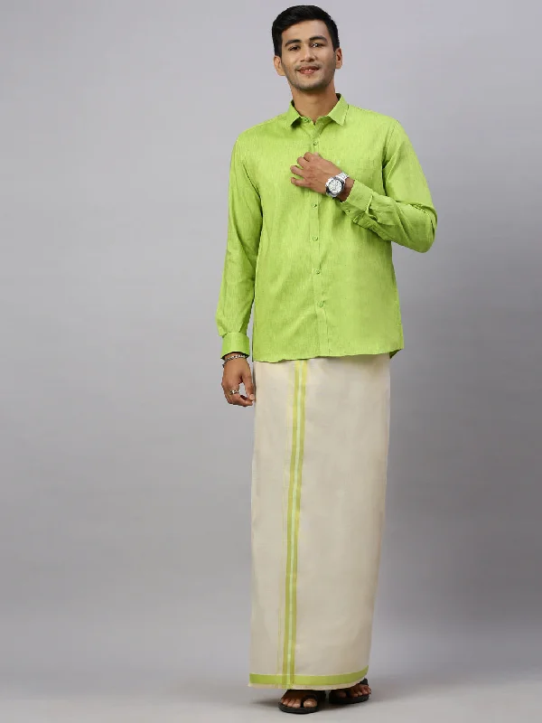 Men Macho Lite Green  Colour Shirt & Matching Border Tissue Dhoti Set CCB