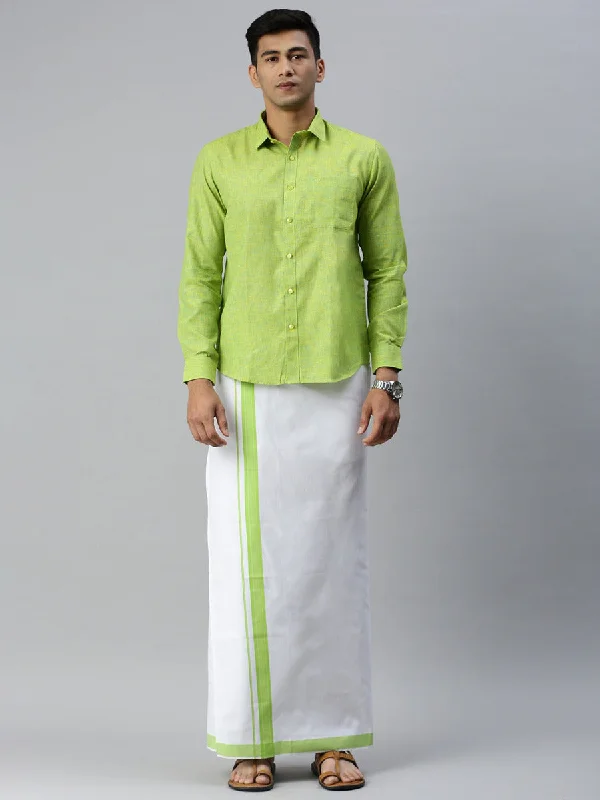 Men Matching Border Adjustable Dhoti & Full Sleeves Shirt Set Green CC4