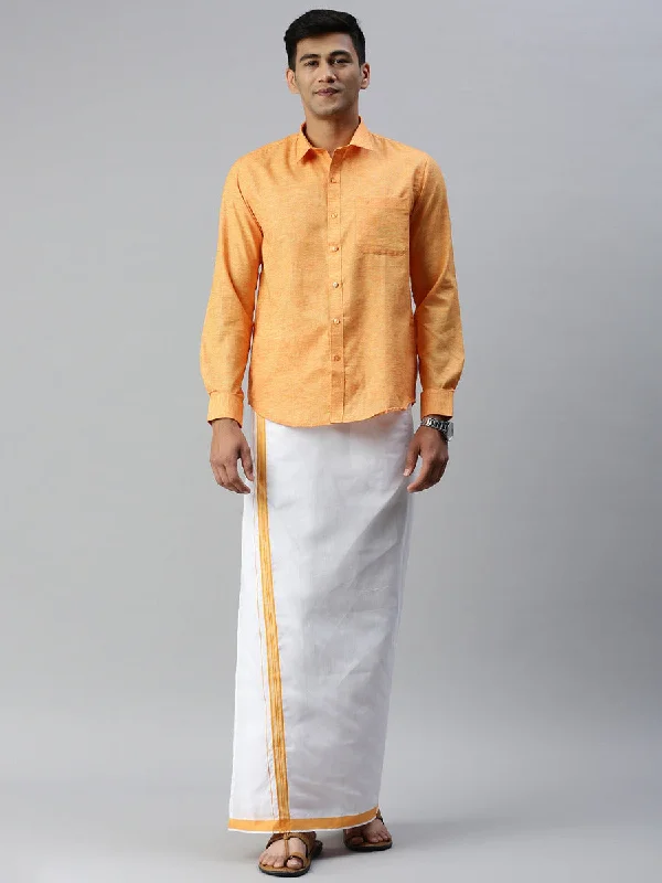 Men Matching Border Adjustable Dhoti & Full Sleeves Shirt Set Orange CC2