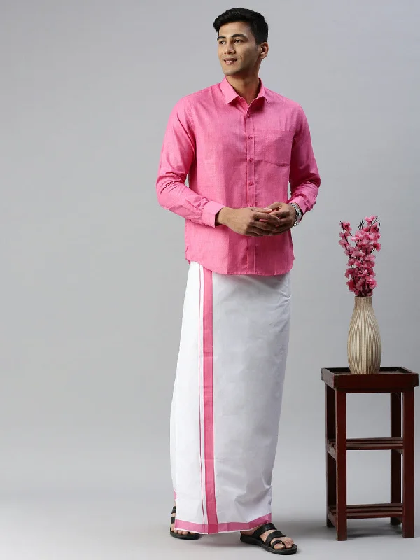 Men Matching Border Adjustable Dhoti & Full Sleeves Shirt Set Pink CC10