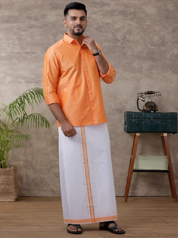 Men Matching Jari Border Dhoti & Shirt Set Full Orange VB4