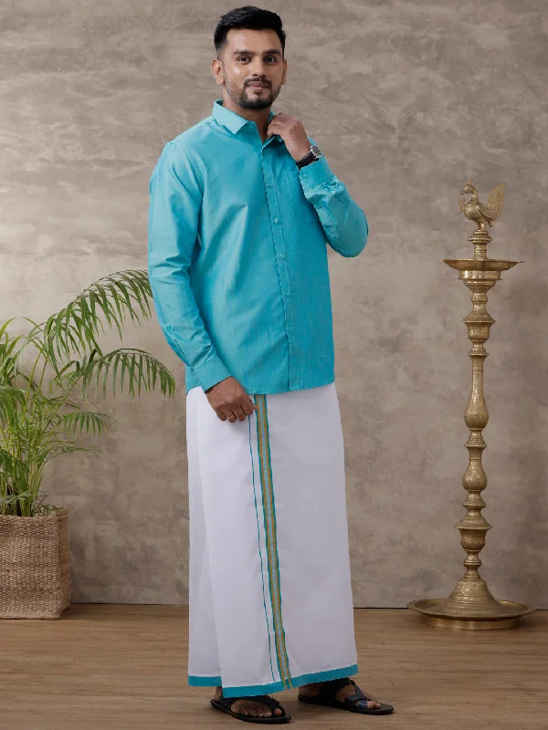 Men Matching Jari Border Dhoti & Shirt Set Full Sleeve Blue VB8