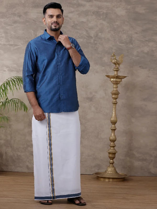 Men Matching Jari Border Dhoti & Shirt Set Full Sleeve Blue VB9