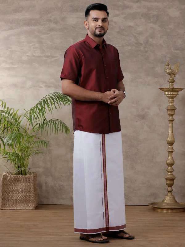 Men Matching Jari Border Dhoti & Shirt Set Half Maroon VB7