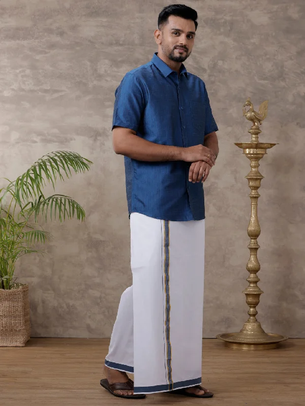 Men Matching Jari Border Dhoti & Shirt Set Half Sleeve VB9