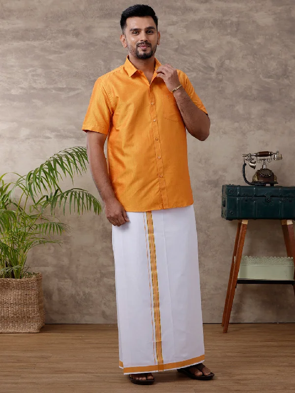 Men Matching Jari Border Dhoti & Shirt Set Half Yellow VB2