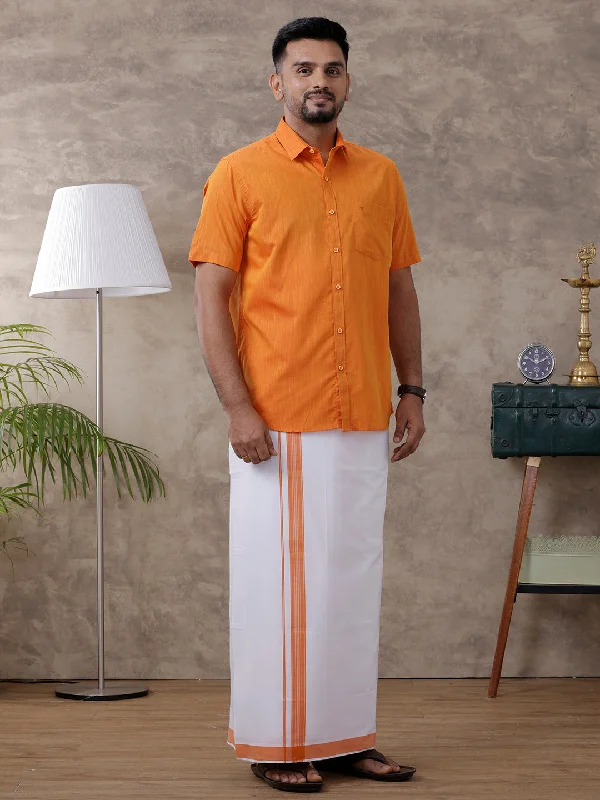 Men Orange Matching Border Dhoti & Half Sleeves Shirt Set Evolution IC1