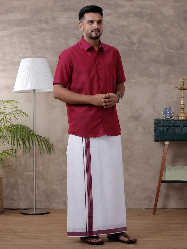 Men Maroon Matching Border Dhoti & Half Sleeves Shirt Set Evolution IC6