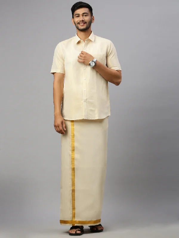 Men Tissue Gold Dhoti & Half Sleeves Shirt Set