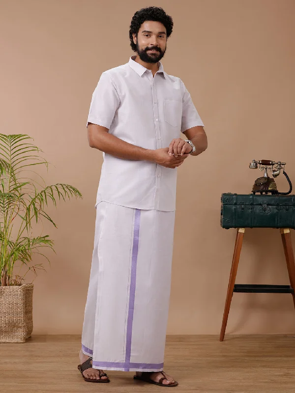 Men Tissue Lavender Dhoti & Half Sleeves Shirt Set