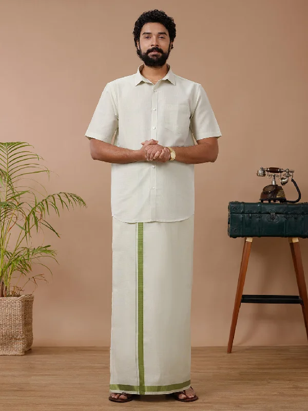 Men Tissue Moss Green Dhoti & Half Sleeves Shirt Set