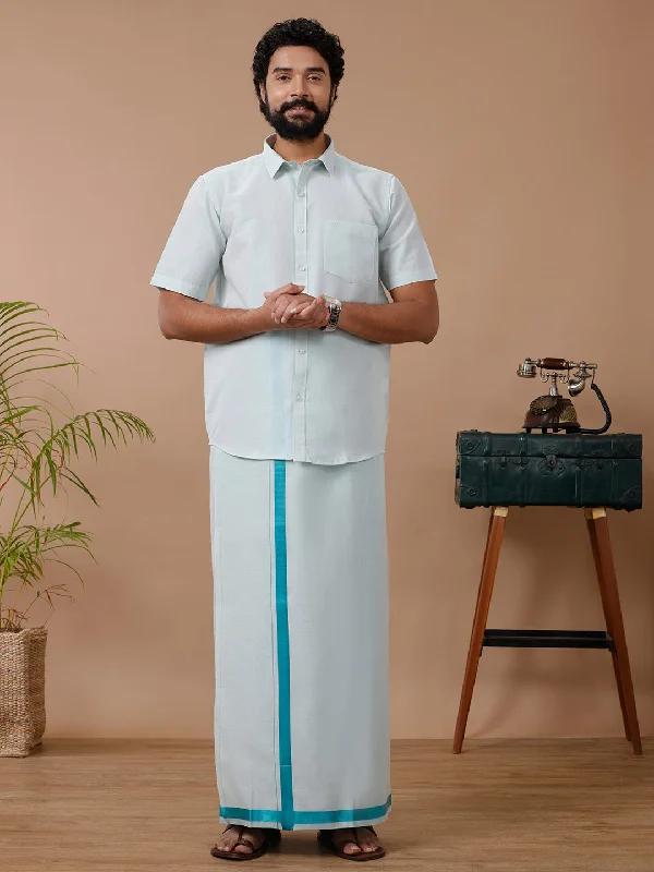 Men Tissue Ramar Green Dhoti & Half Sleeves Shirt Set