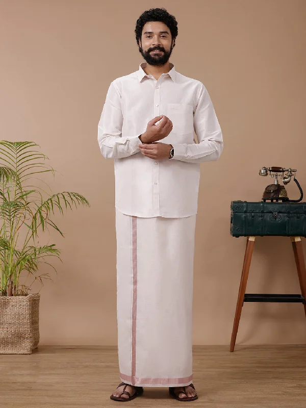 Men Tissue Rose Gold Dhoti & Full Sleeves Shirt Set