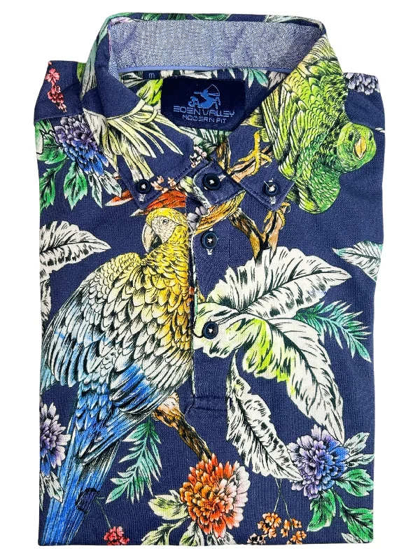 NAVY PARROT PRINT POLO SHIRT