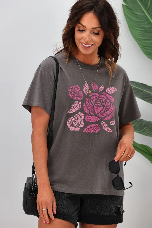 Shine On Label Roses Tee Charcoal